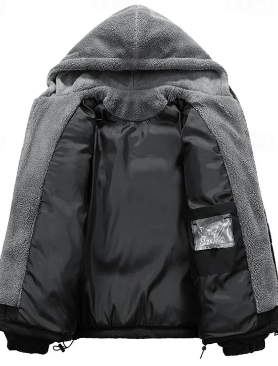 OUKU Men's Winter Jacket Puffer Jacket Fleece Jacket Padded 2 in 1 Fake two piece Polyster Hoodie Pocket Outdoor Date Casual Daily Regular Fashion Casual Thermal Warm Windproof Winter Plain Dark Grey