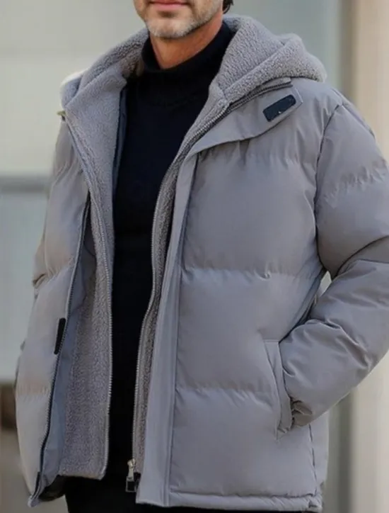 OUKU Men's Winter Jacket Puffer Jacket Fleece Jacket Padded 2 in 1 Fake two piece Polyster Hoodie Pocket Outdoor Date Casual Daily Regular Fashion Casual Thermal Warm Windproof Winter Plain Dark Grey