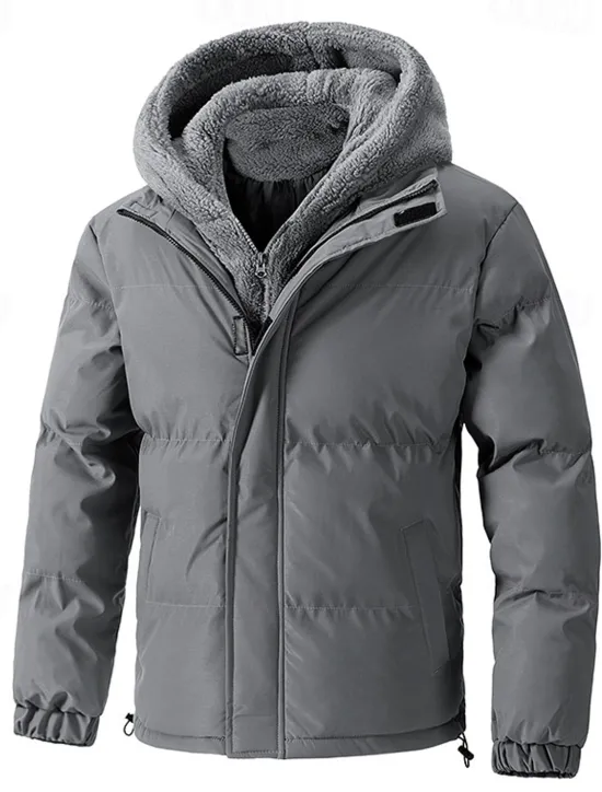 Clearance OUKU Men's Winter Jacket Puffer Jacket Fleece Jacket Padded 2 in 1 Fake two piece Polyster Hoodie Pocket Outdoor Date Casual Daily Regular Fashion Casual Thermal Warm Windproof Winter Plain Black Beige