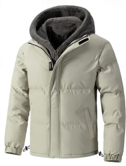 Clearance OUKU Men's Winter Jacket Puffer Jacket Fleece Jacket Padded 2 in 1 Fake two piece Polyster Hoodie Pocket Outdoor Date Casual Daily Regular Fashion Casual Thermal Warm Windproof Winter Plain Black Beige