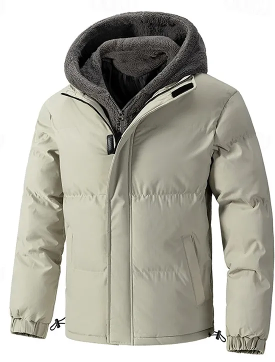 Clearance OUKU Men's Winter Jacket Puffer Jacket Fleece Jacket Padded 2 in 1 Fake two piece Polyster Hoodie Pocket Outdoor Date Casual Daily Regular Fashion Casual Thermal Warm Windproof Winter Plain Black Beige