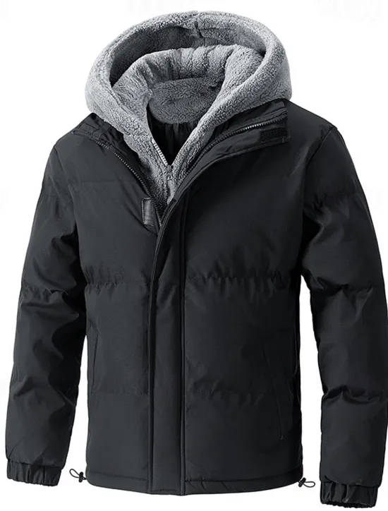 Clearance OUKU Men's Winter Jacket Puffer Jacket Fleece Jacket Padded 2 in 1 Fake two piece Polyster Hoodie Pocket Outdoor Date Casual Daily Regular Fashion Casual Thermal Warm Windproof Winter Plain Black Beige