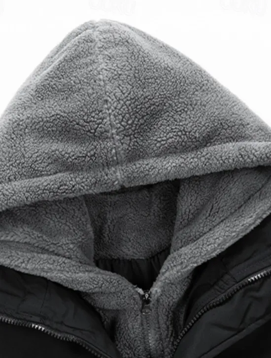 Clearance OUKU Men's Winter Jacket Puffer Jacket Fleece Jacket Padded 2 in 1 Fake two piece Polyster Hoodie Pocket Outdoor Date Casual Daily Regular Fashion Casual Thermal Warm Windproof Winter Plain Black Beige