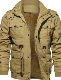 Sale OUKU Men's Winter Jacket Winter Coat Work Jacket Outdoor Street Windproof Warm Drawstring Winter Solid Colored Fashion Keep Warm Stand Collar Regular Cotton Fleece Black Army Green Khaki Jacket
