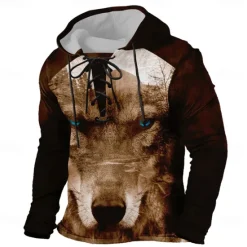Outlet OUKU Men's Wolf 3D Hoodies Stylish Casual Long Sleeve Hooded Holiday Streetwear Black Brown Drawstring Graphic Fall Winter Designer