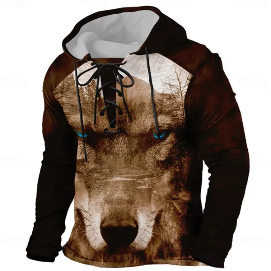 Outlet OUKU Men's Wolf 3D Hoodies Stylish Casual Long Sleeve Hooded Holiday Streetwear Black Brown Drawstring Graphic Fall Winter Designer