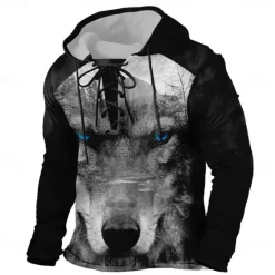 Outlet OUKU Men's Wolf 3D Hoodies Stylish Casual Long Sleeve Hooded Holiday Streetwear Black Brown Drawstring Graphic Fall Winter Designer