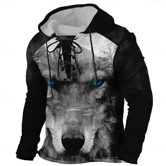 Outlet OUKU Men's Wolf 3D Hoodies Stylish Casual Long Sleeve Hooded Holiday Streetwear Black Brown Drawstring Graphic Fall Winter Designer