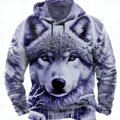 Hot OUKU Men's Wolf 3D Hoodies Sweatshirt Cool Party Long Sleeve Crew Neck Club Streetwear White Blue Drawstring Fall Winter Designer