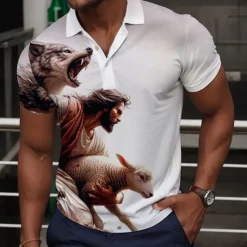 Clearance OUKU Men's Wolf Golf Shirt Short Sleeve Polo Shirts Collared Shirts Funny Streetwear Vacation Wear Party Outfits Buttons 3D Print Summer White