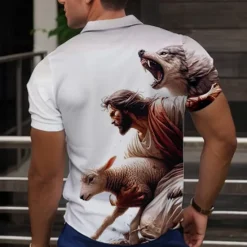 Clearance OUKU Men's Wolf Golf Shirt Short Sleeve Polo Shirts Collared Shirts Funny Streetwear Vacation Wear Party Outfits Buttons 3D Print Summer White