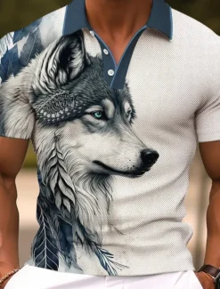 Online OUKU Men's Wolf Golf Shirt Short Sleeve Polo Shirts Collared Shirts Funny Streetwear Vacation Wear Party Outfits Buttons 3D Print Summer Spring Black Red Navy Blue