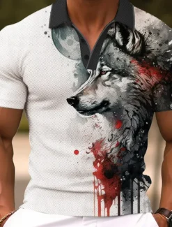 Online OUKU Men's Wolf Golf Shirt Short Sleeve Polo Shirts Collared Shirts Funny Streetwear Vacation Wear Party Outfits Buttons 3D Print Summer Spring Black Red Navy Blue