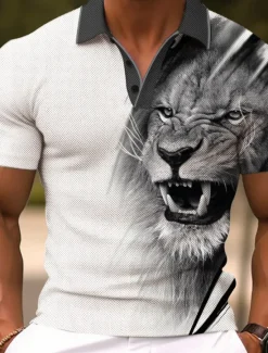 Online OUKU Men's Wolf Golf Shirt Short Sleeve Polo Shirts Collared Shirts Funny Streetwear Vacation Wear Party Outfits Buttons 3D Print Summer Spring Black Red Navy Blue