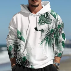 Discount OUKU Men's Wolf Graphic Prints Hoodie Hoodies Sweatshirt Daily Classic Long Sleeve Hooded Holiday Going out Streetwear Blue Dark Green Print Spring & Fall Designer