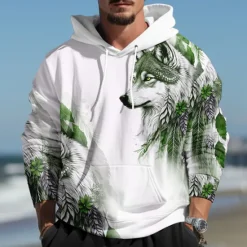 Discount OUKU Men's Wolf Graphic Prints Hoodie Hoodies Sweatshirt Daily Classic Long Sleeve Hooded Holiday Going out Streetwear Blue Dark Green Print Spring & Fall Designer