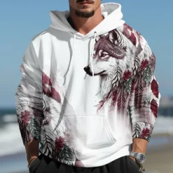 Discount OUKU Men's Wolf Graphic Prints Hoodie Hoodies Sweatshirt Daily Classic Long Sleeve Hooded Holiday Going out Streetwear Blue Dark Green Print Spring & Fall Designer