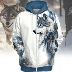 New OUKU Men's Wolf Hoodie Hoodies Sweatshirt Fashion Cool Long Sleeve Hooded Vacation Gym Drawstring Fall Winter Designer Blue