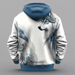New OUKU Men's Wolf Hoodie Hoodies Sweatshirt Fashion Cool Long Sleeve Hooded Vacation Gym Drawstring Fall Winter Designer Blue