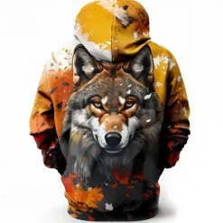 OUKU Men's Wolf Hoodies Sweatshirt Fashion Cool Long Sleeve Crew Neck Party Holiday Streetwear Drawstring Fall Winter Designer Brown