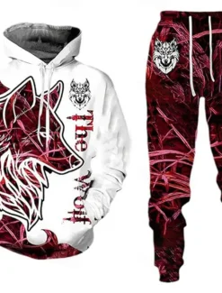 Hot OUKU Men's Wolf 2pcs 3D Sweatshirt Sets Tracksuit Hoodie Sweatshirt Long Sleeve Long pants Hooded Streetwear Casual Daily Athleisure 3D Print Graphic Spring Fall Winter Violet Red