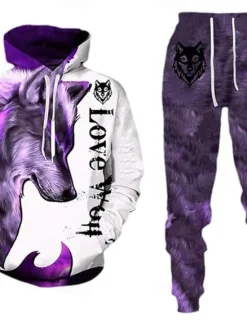 Hot OUKU Men's Wolf 2pcs 3D Sweatshirt Sets Tracksuit Hoodie Sweatshirt Long Sleeve Long pants Hooded Streetwear Casual Daily Athleisure 3D Print Graphic Spring Fall Winter Violet Red