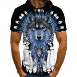 Hot OUKU Men's Wolf Polo Shirts Golf Shirt Short Sleeve Polo Shirts Collared Shirts Casual Funny Streetwear Vacation Wear Party Outfits 3D Print Buttons Black Red Blue