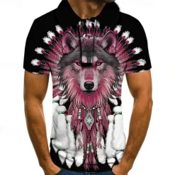 Hot OUKU Men's Wolf Polo Shirts Golf Shirt Short Sleeve Polo Shirts Collared Shirts Casual Funny Streetwear Vacation Wear Party Outfits 3D Print Buttons Black Red Blue
