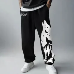 New OUKU Men's Wolf Sweatpants Joggers Drawstring Elastic Waist Sporty Casual Outdoor Home Street Pocket Straight Leg Trousers Spring Fall Winter 3D Print Black