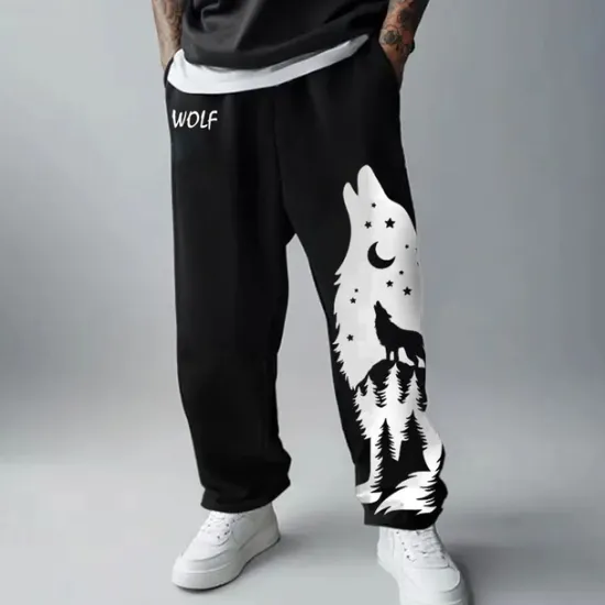 New OUKU Men's Wolf Sweatpants Joggers Drawstring Elastic Waist Sporty Casual Outdoor Home Street Pocket Straight Leg Trousers Spring Fall Winter 3D Print Black