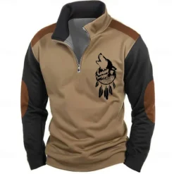 Best OUKU Men's Wolf Sweatshirts Quarter Zip Sweatshirt Long Sleeve Sweatshirt Stand Collar Half Zip Basic Vintage Retro 3D Printing Hunting Zipper Half Zip Winter Spring & Fall
