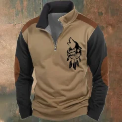 Best OUKU Men's Wolf Sweatshirts Quarter Zip Sweatshirt Long Sleeve Sweatshirt Stand Collar Half Zip Basic Vintage Retro 3D Printing Hunting Zipper Half Zip Winter Spring & Fall
