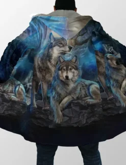 Outlet OUKU Men's Wolf Winter Coat Fleece Jacket Coat Thermal Warm Vintage Abstract Daily Wear Going out Pocket Print Fall & Winter Hooded Long Sleeve Blue
