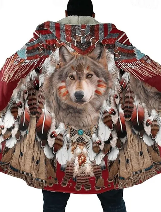 Sale OUKU Men's Wolf Winter Coat Fleece Jacket Coat Warm Breathable Comfortable Vintage Abstract Sports & Outdoor Daily Wear Going out Zipper Pocket Print Fall & Winter Hoodie Long Sleeve Burgundy