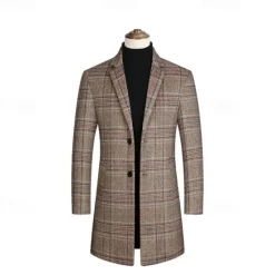 OUKU Men's Wool Coat Overcoat Trench Coat Long Trench Coat Daily Vacation Fall & Winter Polyester Thermal Warm Windproof Outerwear Clothing Apparel Fashion Classic Plaid Pocket Lapel Single Breasted