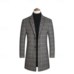 OUKU Men's Wool Coat Overcoat Trench Coat Long Trench Coat Daily Vacation Fall & Winter Polyester Thermal Warm Windproof Outerwear Clothing Apparel Fashion Classic Plaid Pocket Lapel Single Breasted