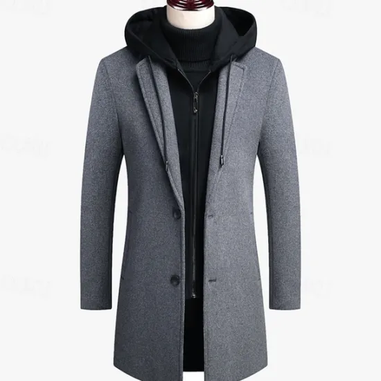 Sale OUKU Men's Wool Coat Overcoat Trench Coat Long Trench Coat Daily Vacation Fall & Winter Wool Thermal Warm Windproof Outerwear Clothing Apparel Fashion Classic Color Block Pocket Hooded Single Breasted