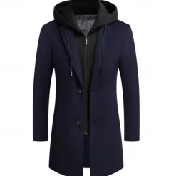 Sale OUKU Men's Wool Coat Overcoat Trench Coat Long Trench Coat Daily Vacation Fall & Winter Wool Thermal Warm Windproof Outerwear Clothing Apparel Fashion Classic Color Block Pocket Hooded Single Breasted