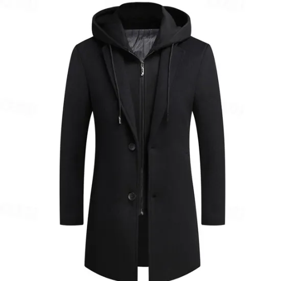 Sale OUKU Men's Wool Coat Overcoat Trench Coat Long Trench Coat Daily Vacation Fall & Winter Wool Thermal Warm Windproof Outerwear Clothing Apparel Fashion Classic Color Block Pocket Hooded Single Breasted