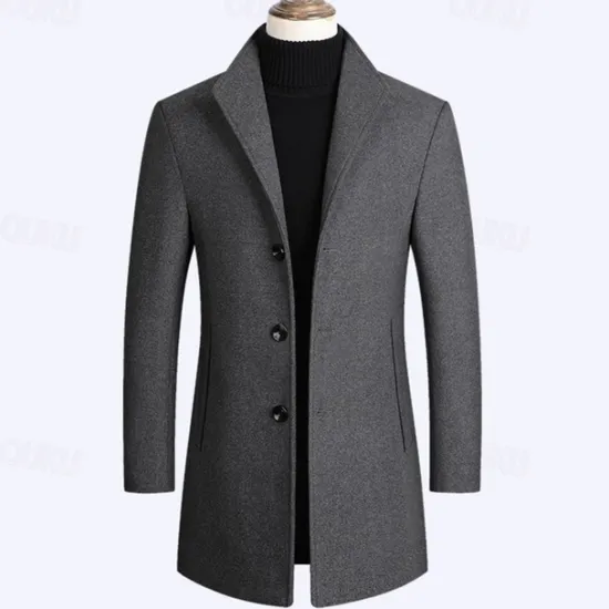 New OUKU Men's Wool Coat Overcoat Trench Coat Long Trench Coat Daily Vacation Fall & Winter Polyester Thermal Warm Windproof Outerwear Clothing Apparel Fashion Classic Plain Pocket Lapel Single Breasted