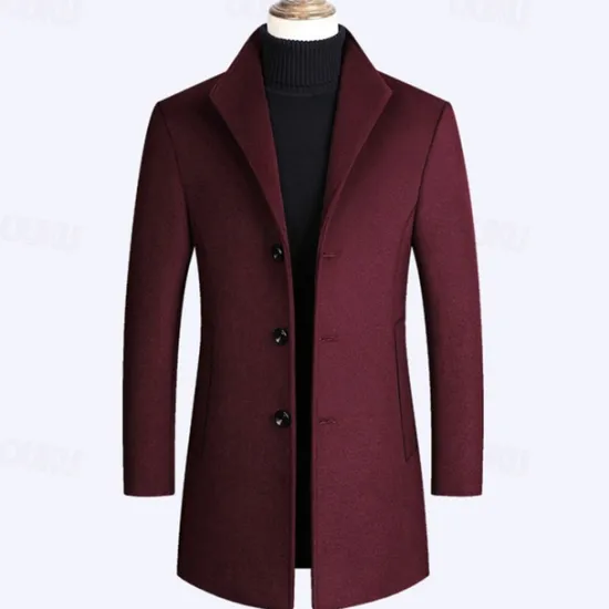 New OUKU Men's Wool Coat Overcoat Trench Coat Long Trench Coat Daily Vacation Fall & Winter Polyester Thermal Warm Windproof Outerwear Clothing Apparel Fashion Classic Plain Pocket Lapel Single Breasted