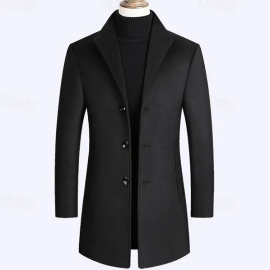 New OUKU Men's Wool Coat Overcoat Trench Coat Long Trench Coat Daily Vacation Fall & Winter Polyester Thermal Warm Windproof Outerwear Clothing Apparel Fashion Classic Plain Pocket Lapel Single Breasted