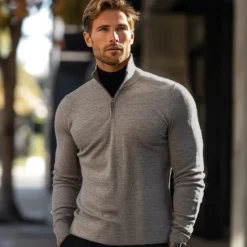 Clearance OUKU Men's Wool Knit Regular Tops Solid Color Quarter Zip Knitwear Neutral Outdoor Home Clothing Apparel Fall Winter S M L Light Grey