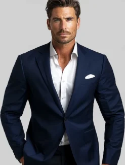 Clearance OUKU Men's Wool Suit Blazer Formal School Wedding Elegant Warm Fall Winter Solid Color Single Breasted One-button Blazer Navy Blue