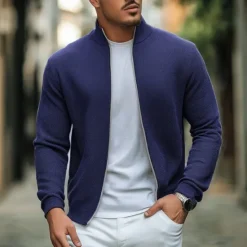 Sale OUKU Men's Work Jacket Sweater Coat Hoodie Jacket Formal Home Warm Zipper Pocket Spring Fall Winter Solid Color Vintage Fashion Shirt Collar Regular Black Navy Blue Light Grey Jacket