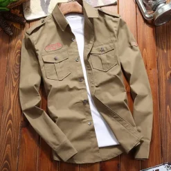 OUKU Men's Work Shirt Button Up Shirt Cargo Shirt Overshirt Army Green Royal Blue Khaki Long Sleeve Graphic Prints Classic Collar Work Camping & Hiking Embroidered Clothing Apparel 100% Cotton Casual