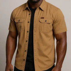 Discount OUKU Men's Work Shirt Western Shirt Cargo Shirt Short Sleeve Casual Tactical Sports Outdoor Going out Summer Spring Turndown Cotton Button Up Shirts Khaki Beige