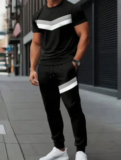 Sale OUKU Men's Workout Set Tracksuit T shirt & Pants Set Outfit Set Crew Neck Outdoor Daily Sports Pocket Drawstring 2 Piece Color Block Black Light Grey Polyester Activewear Classic Casual Summer
