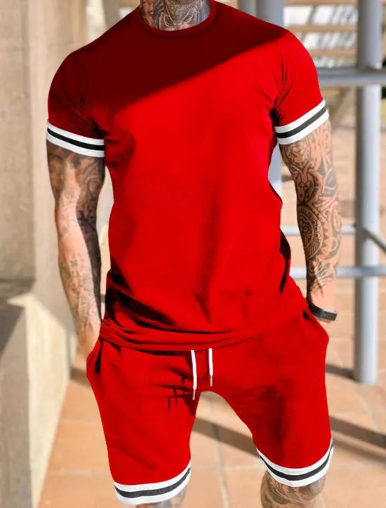 Clearance OUKU Men's Workout Set Tracksuit T shirt & Shorts Set Outfit Set Crew Neck Outdoor Daily Sports Pocket Drawstring 2 Piece Color Block Black Red Light Grey Polyester Activewear Classic Casual Summer