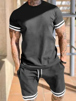 Clearance OUKU Men's Workout Set Tracksuit T shirt & Shorts Set Outfit Set Crew Neck Outdoor Daily Sports Pocket Drawstring 2 Piece Color Block Black Red Light Grey Polyester Activewear Classic Casual Summer
